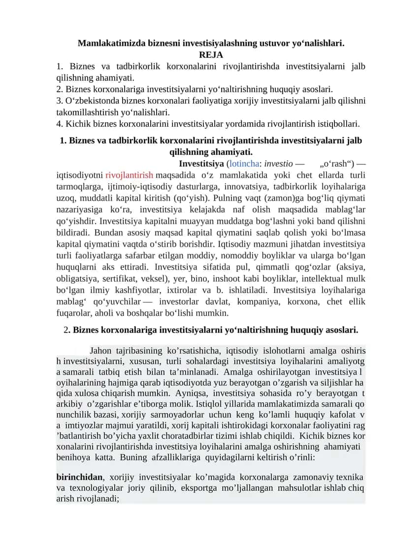 Mamlakatimizda biznesni investisiyalashning ustuvor yo‘nalishlari.