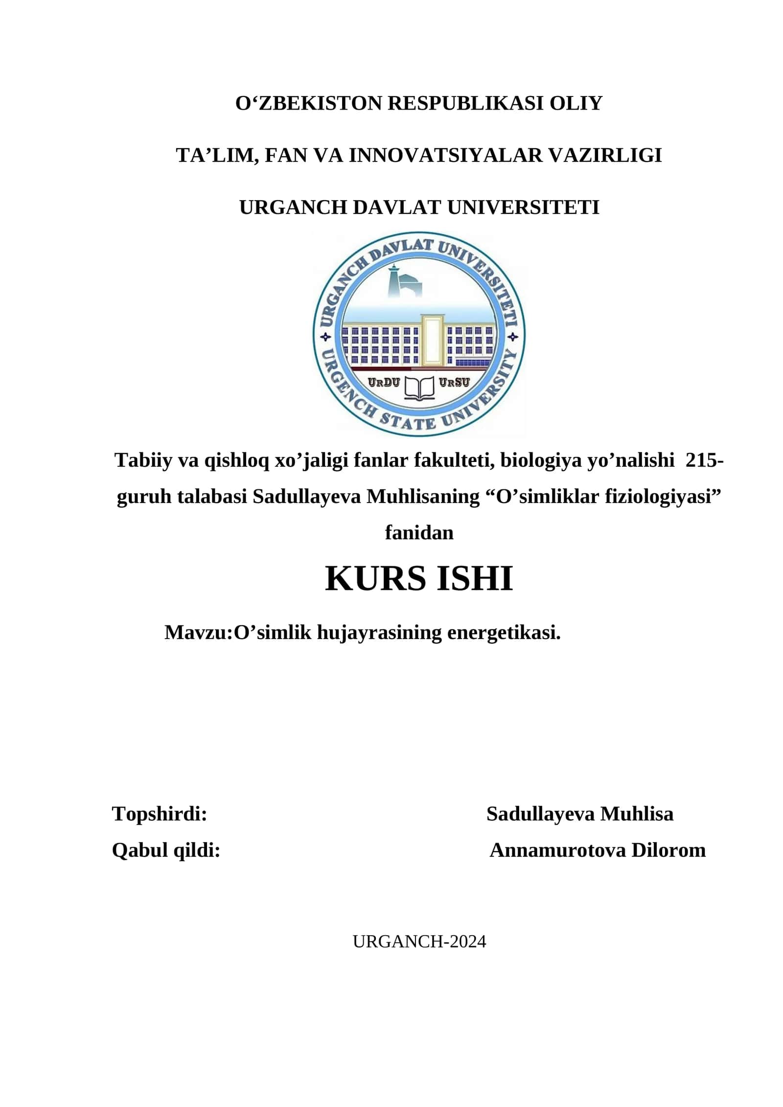 O’simlik hujayrasining energetikasi