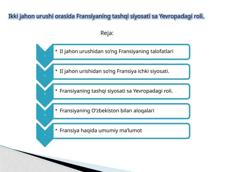 Ikki jahon urushi orasida Fransiyaning tashqi siyosati sa Yevropadagi roli.