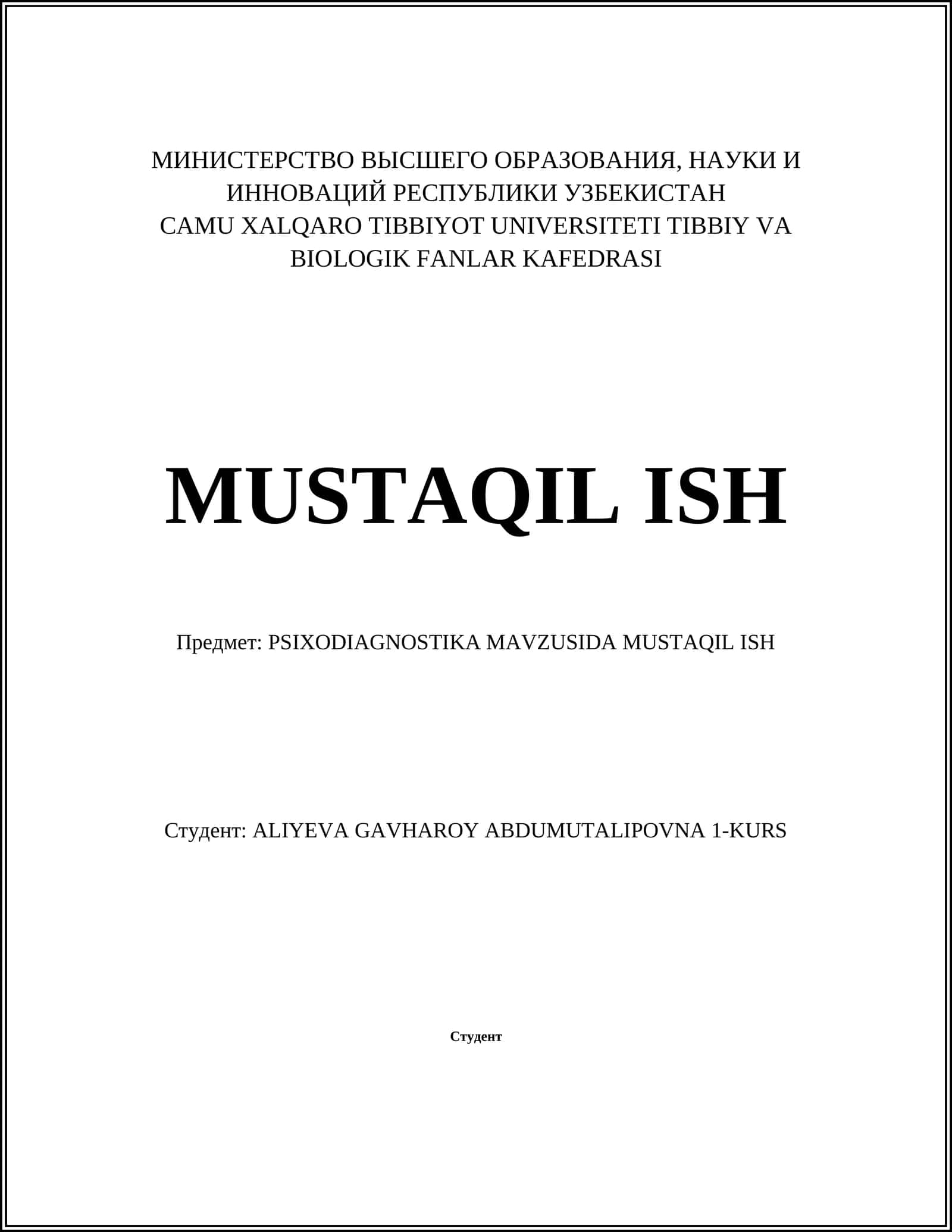 PSIXODIAGNOSTIKA MAVZUSIDA MUSTAQIL ISH