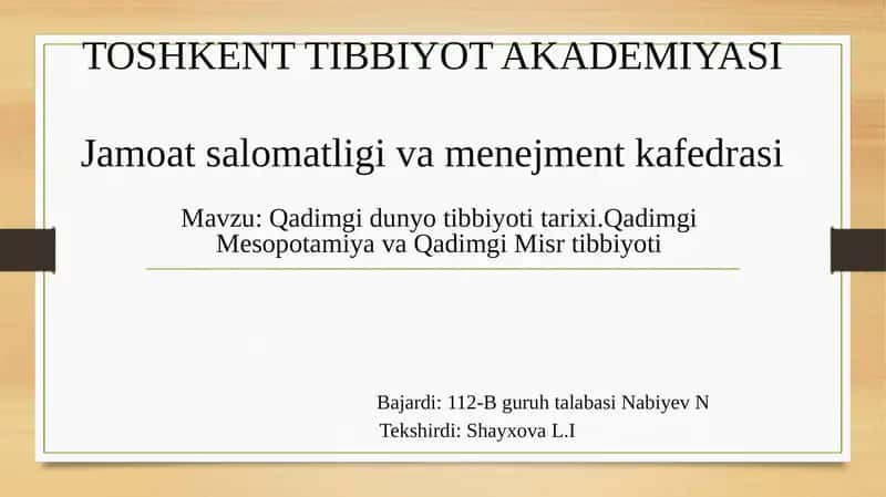 TOSHKENT TIBBIYOT AKADEMIYASI Jamoatsalomatligi va menejment kafedrasi