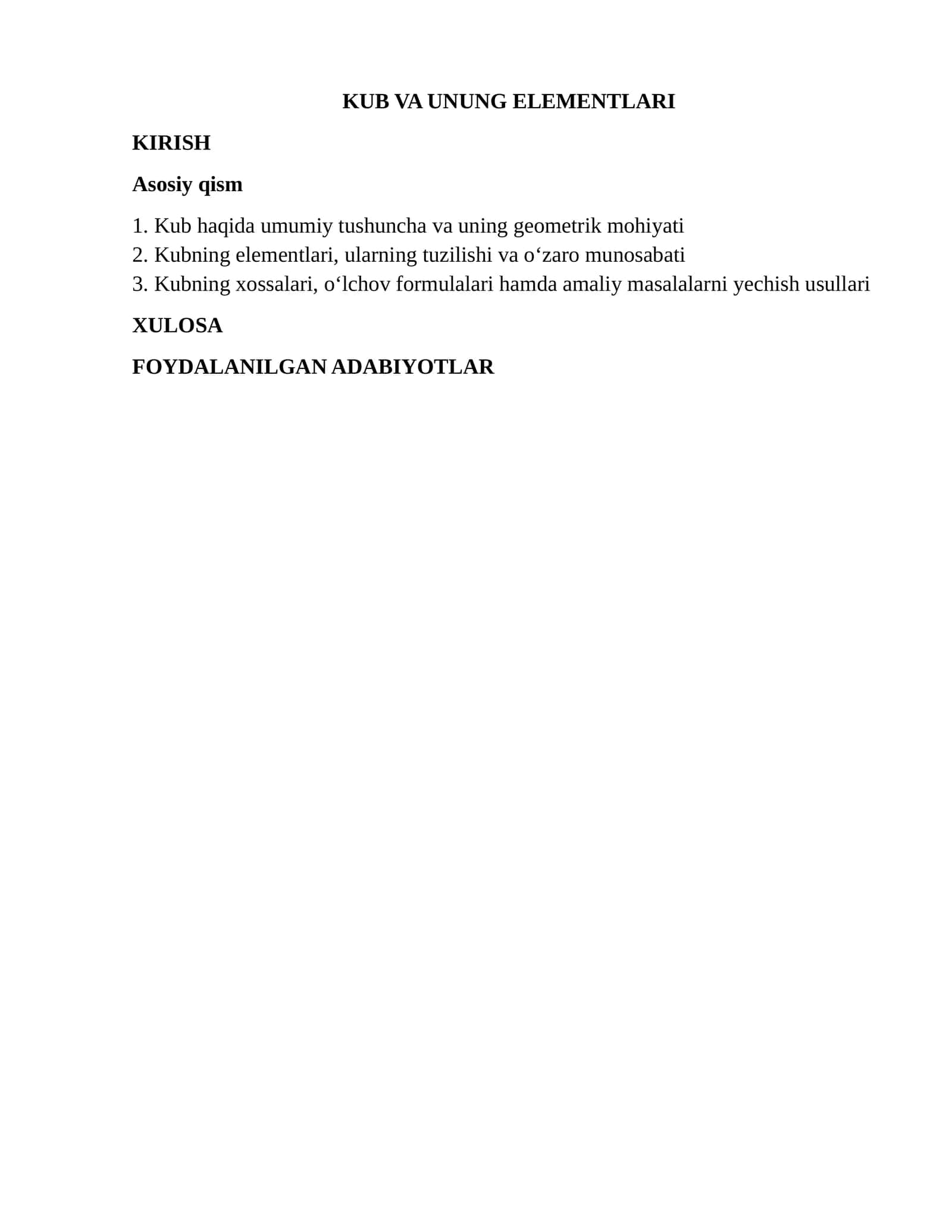 KUB VA UNUNG ELEMENTLARI