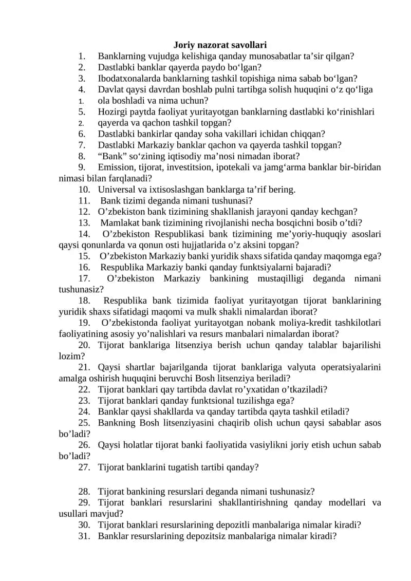 Joriy nazorat savollari
