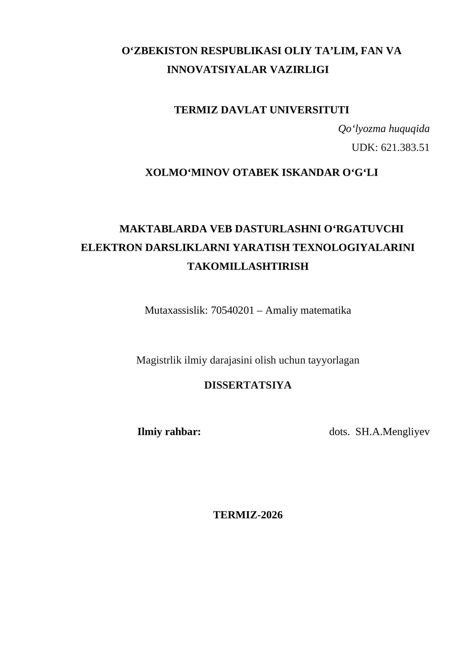 MAGISTRLIK DISSERTATSIYASI MAVZUSI