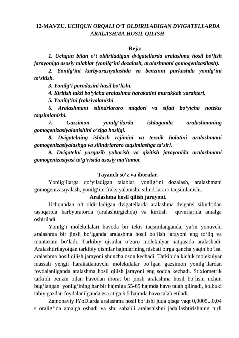 Uchqun orqali o‘t oldiriladigan dvigatellarda aralashma hosil qilish
