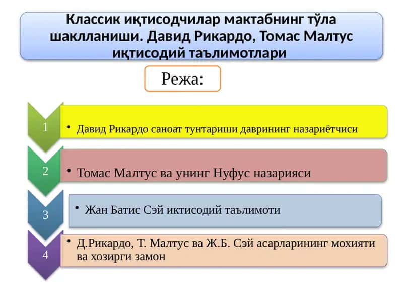 Классик иқтисодчилар мактабнинг тўла шаклланиши. Давид Рикардо, Томас Малтус иқтисодий таълимотлари