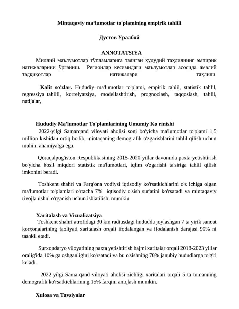Hududiy Ma'lumotlar To'plamlarining Umumiy Ko'rinishi