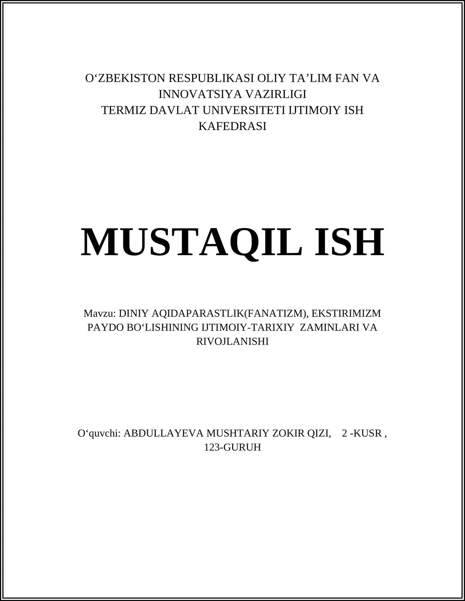 DINIY AQIDAPARASTLIK(FANATIZM) VA EKSTREMIZM