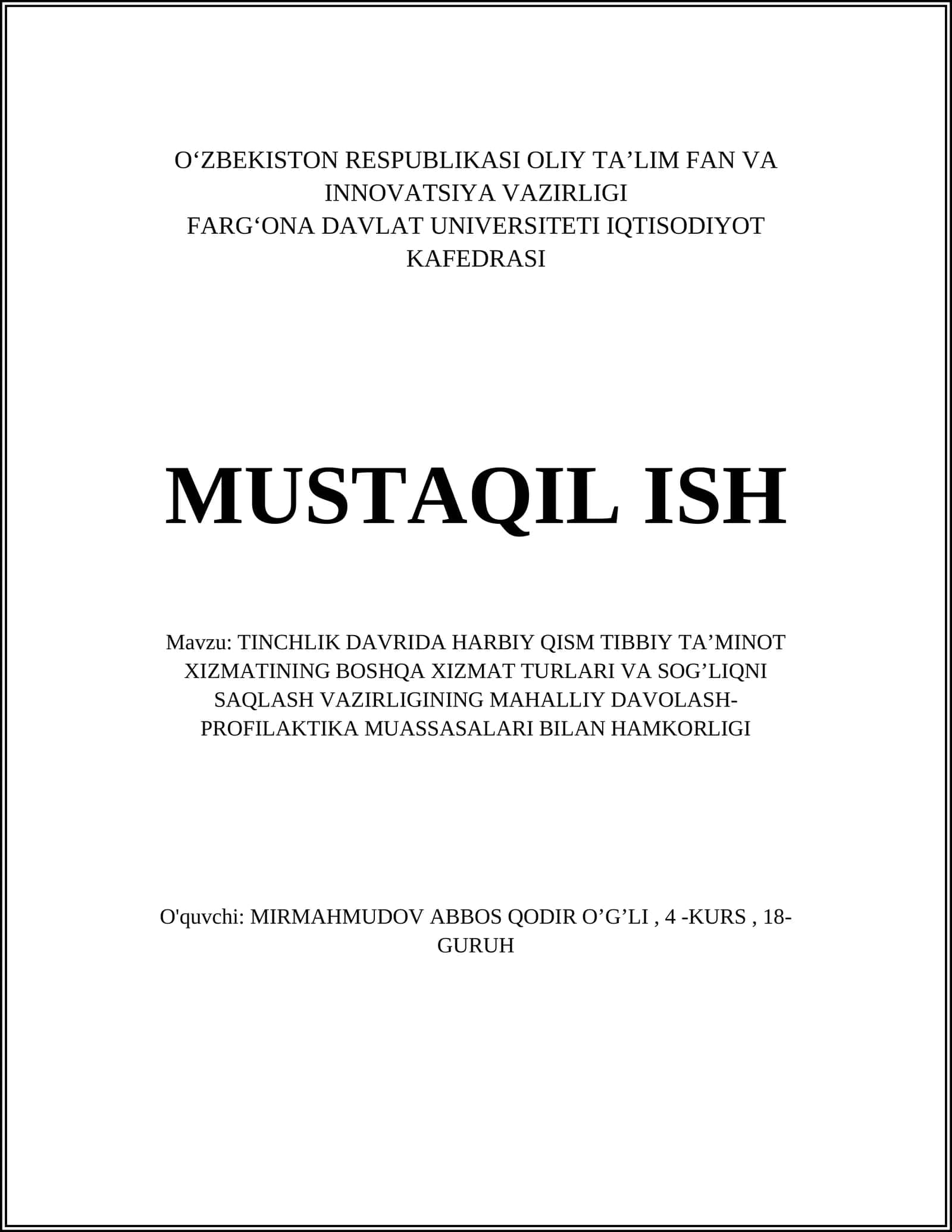 TINCHLIK DAVRIDA HARBIY QISM TIBBIY TA’MINOT XIZMATI