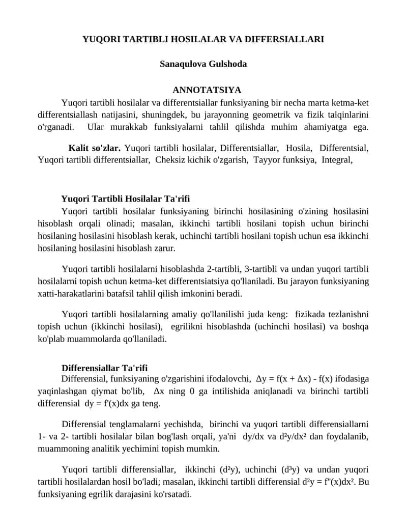 Yuqori Tartibli Hosilalar va Differentsiallar
