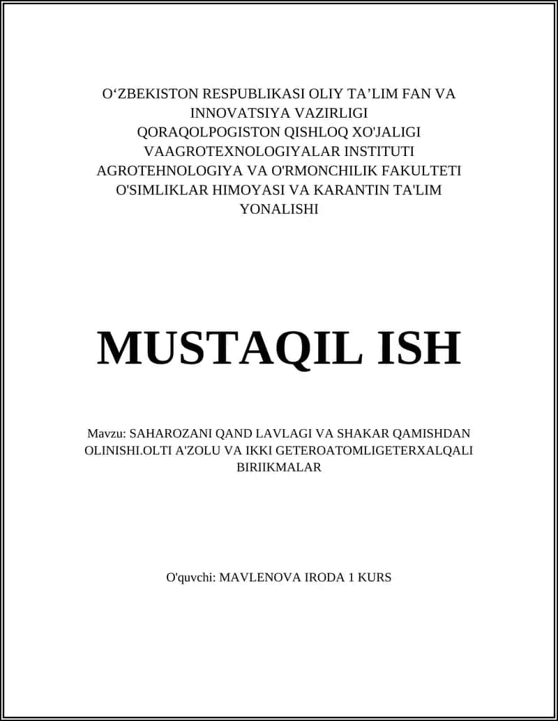 SAHAROZANI QAND LAVLAGI VA SHAKAR QAMISHDAN OLINISHI