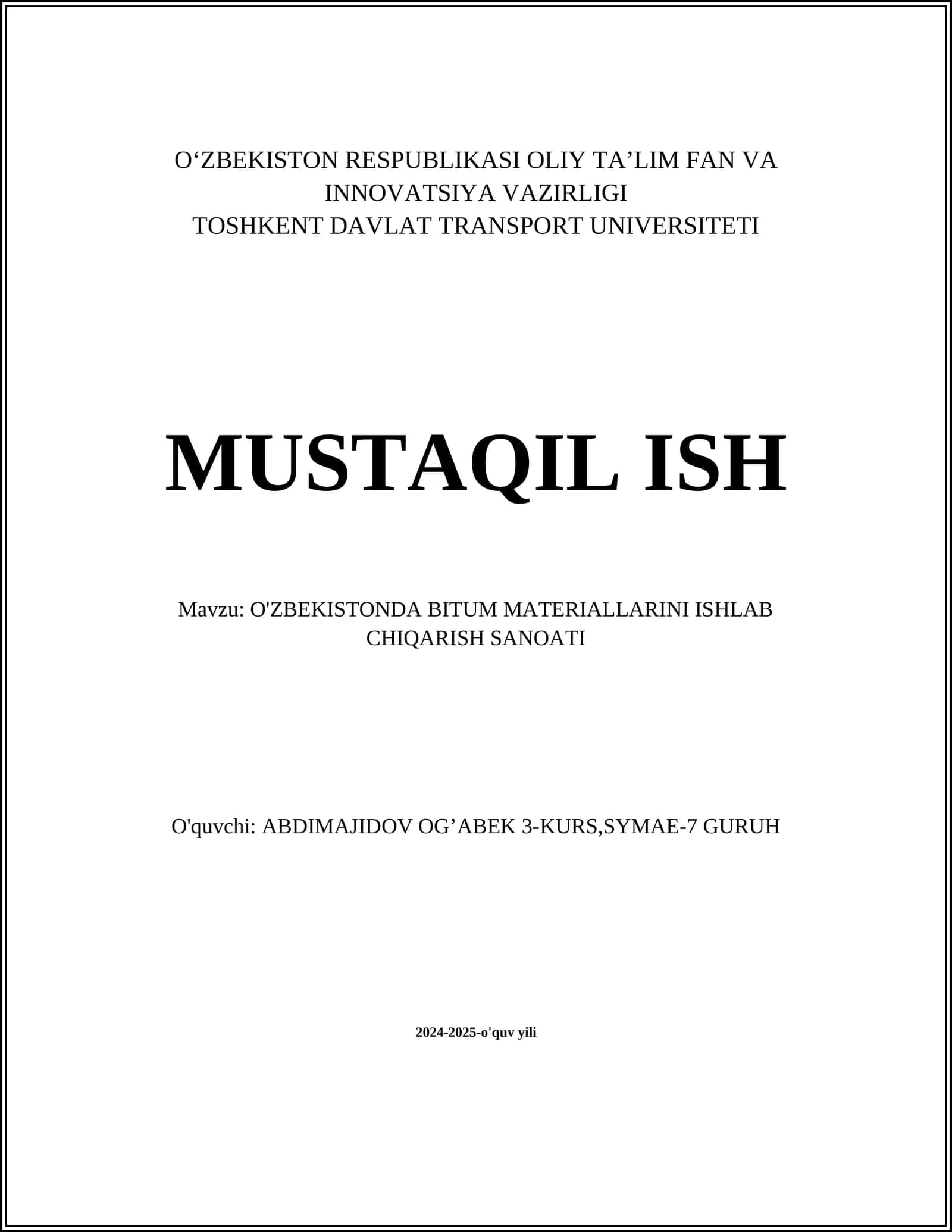 O'ZBEKISTONDA BITUM MATERIALLARINI ISHLAB CHIQARISH SANOATI