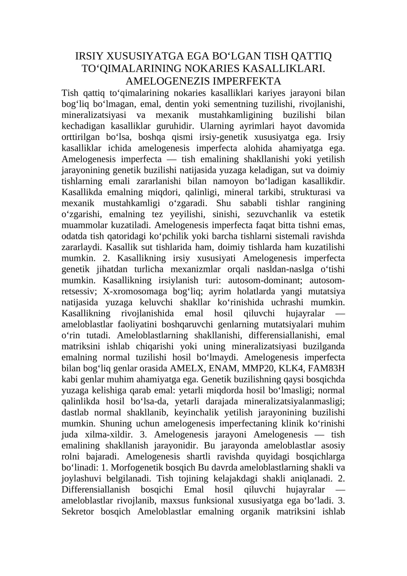 Tish qattiq to‘qimalarining nokaries kasalliklari