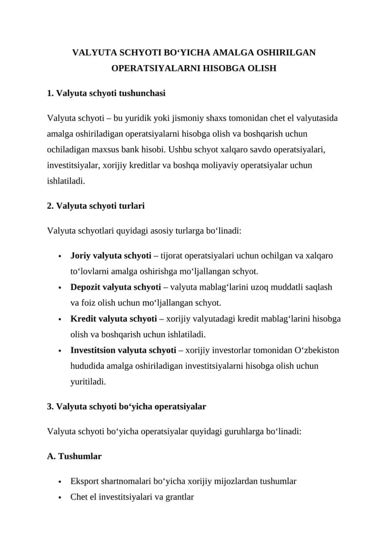 VALYUTA SCHYOTI BO‘YICHA AMALGA OSHIRILGAN OPERATSIYALARNI HISOBGA OLISH