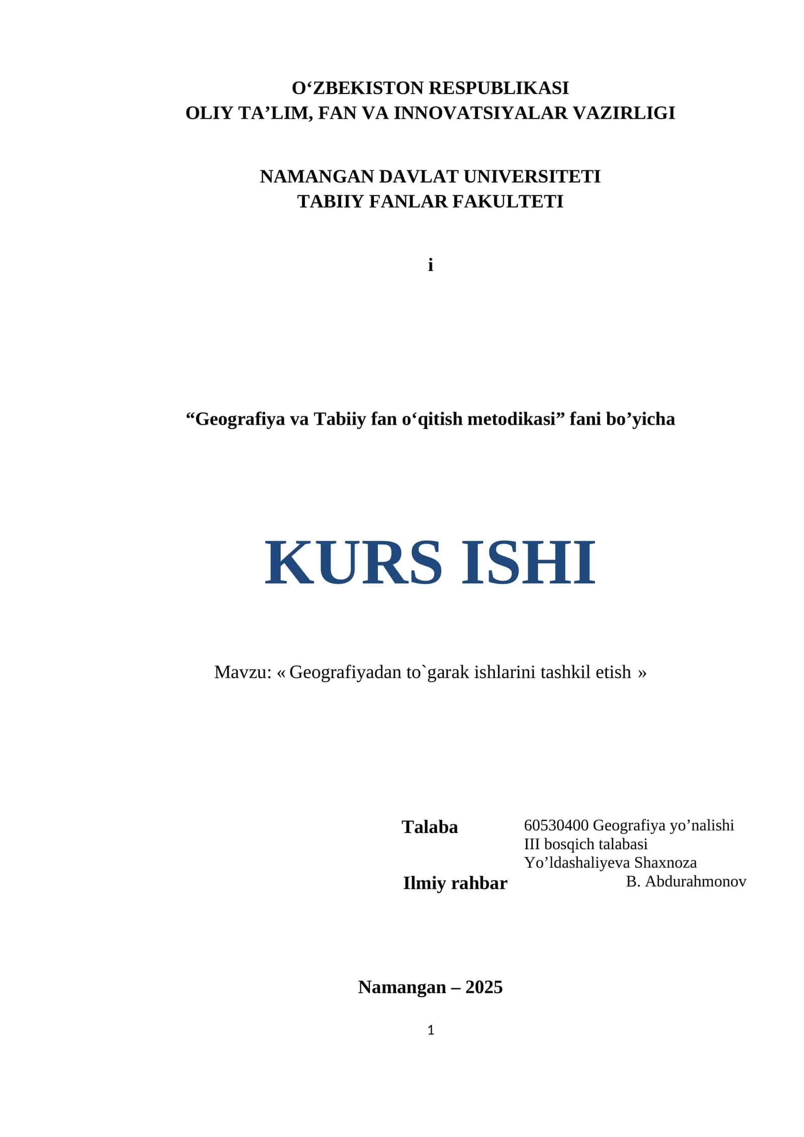 « Geografiyadan to`garak ishlarini tashkil etish » KURS ISHI