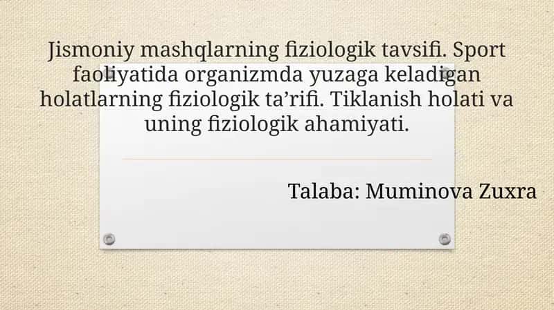 Jismoniymashqlarning fiziologik tavsifi