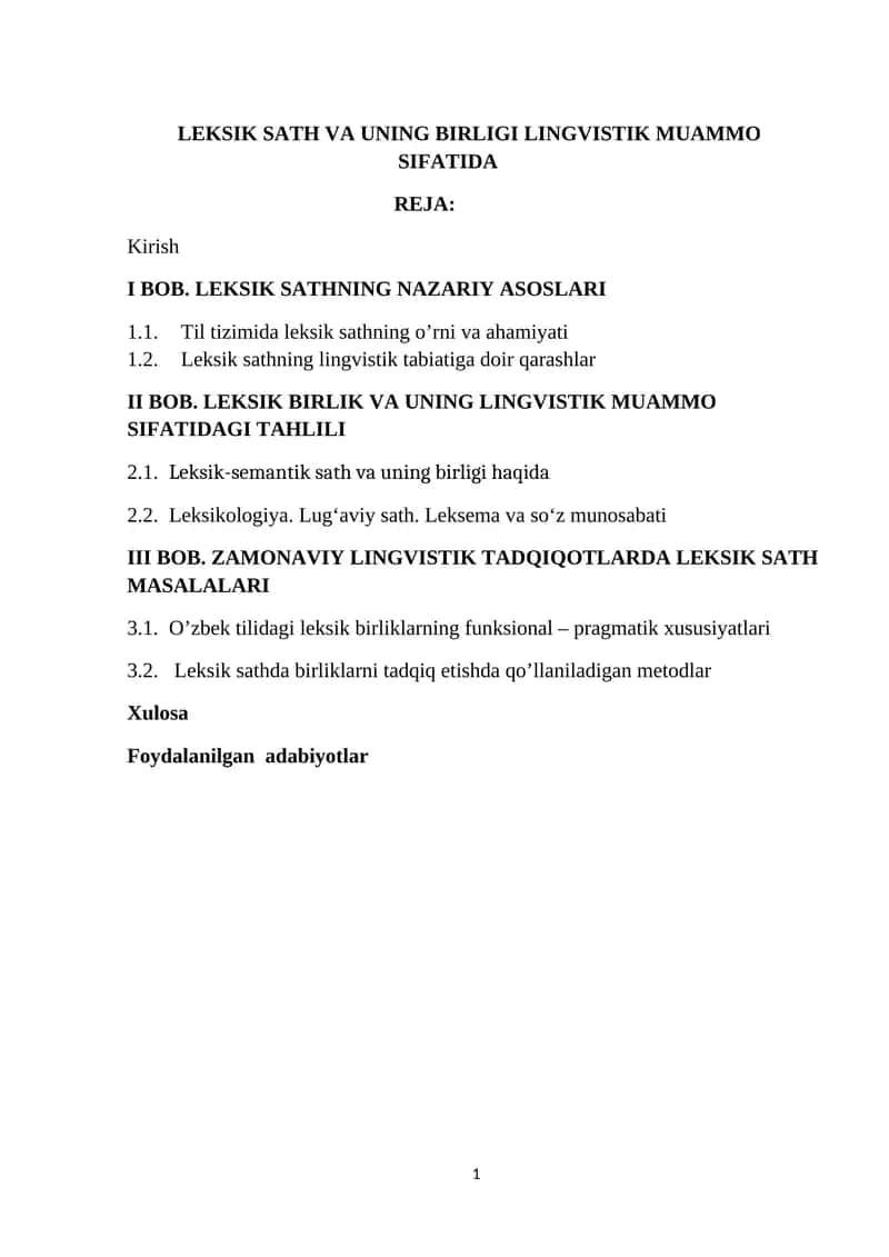 LEKSIK SATH VA UNING BIRLIGI LINGVISTIK MUAMMO SIFATIDA