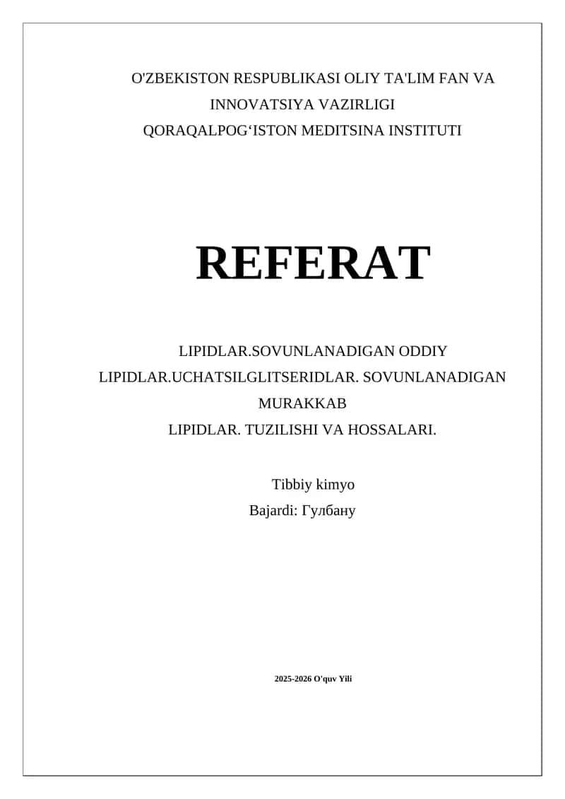 Oddiy lipidlar. Uchatsilglitseridlarning energiya saqlashdagi roli
