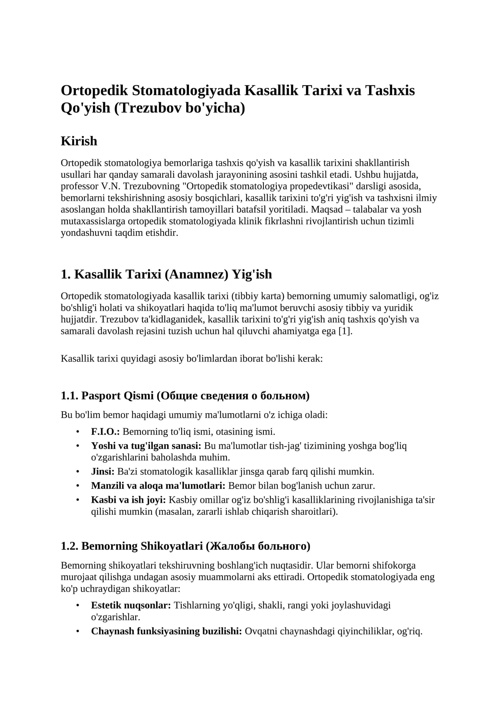 Ortopedik Stomatologiyada Kasallik Tarixi va Tashxis Qo'yish (Trezubov bo'yicha)