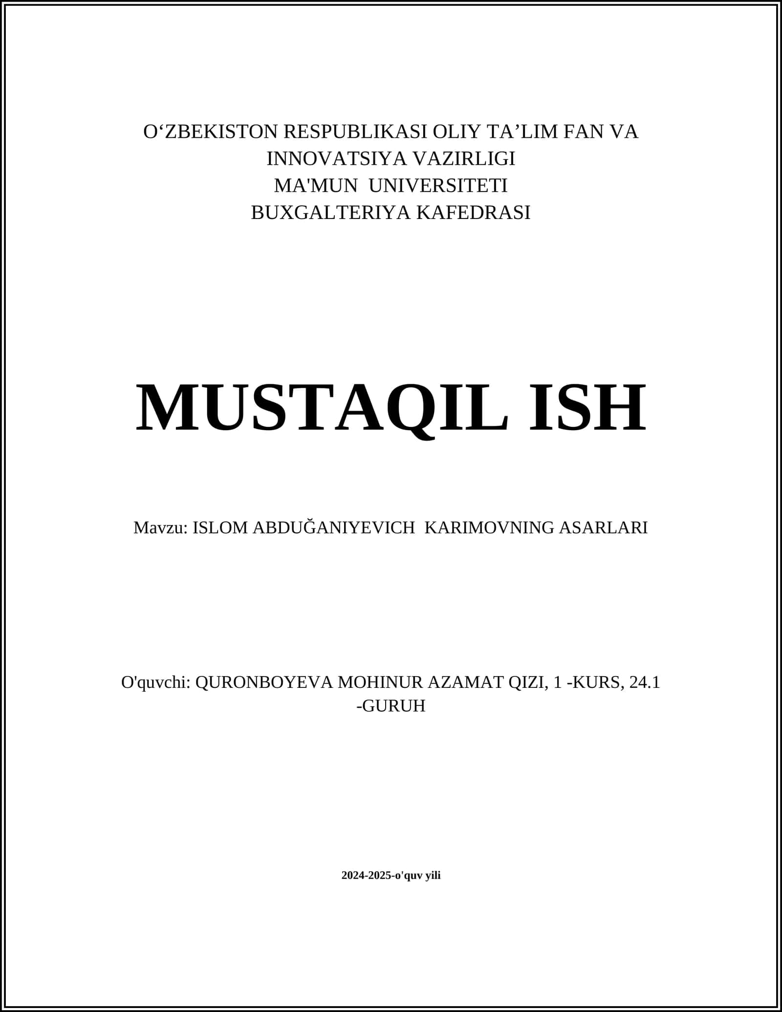 ISLOM ABDUĞANIYEVICH KARIMOVNING ASARLARI