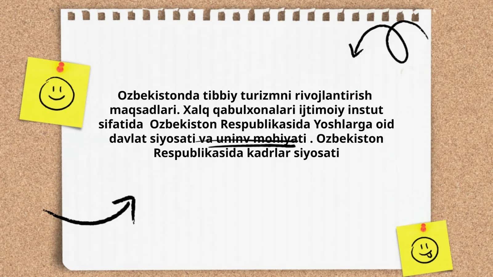 Ozbekistonda tibbiy turizmni rivojlantirish maqsadlari. Xalq qabulxonalari ijtimoiy instut sifatida Ozbekiston Respublikasida Yoshlarga oid davlat siyosati va uninv mohiyati. Ozbekiston Respublikasida kadrlar siyosati