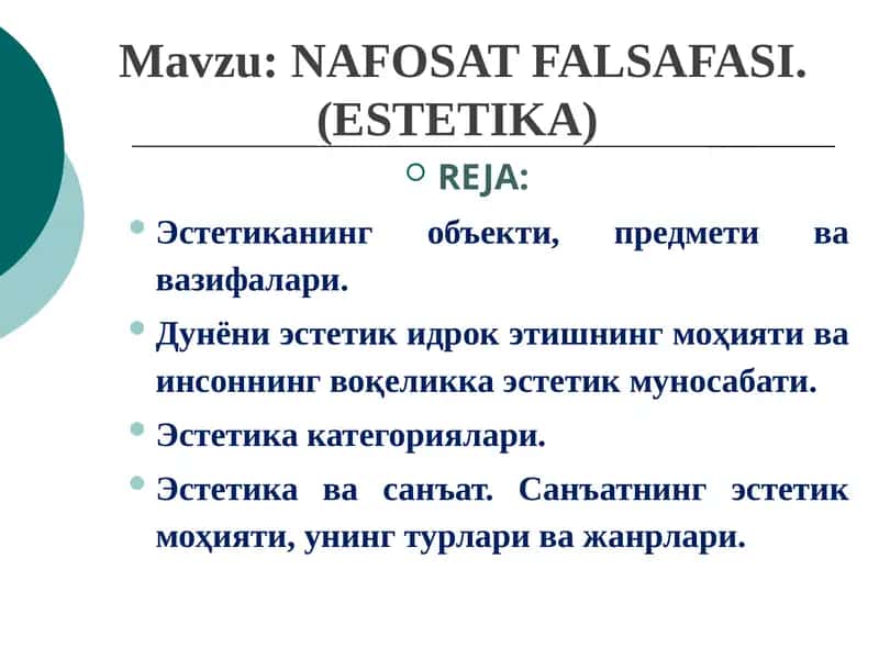 NAFOSAT FALSAFASI. (ESTETIKA)