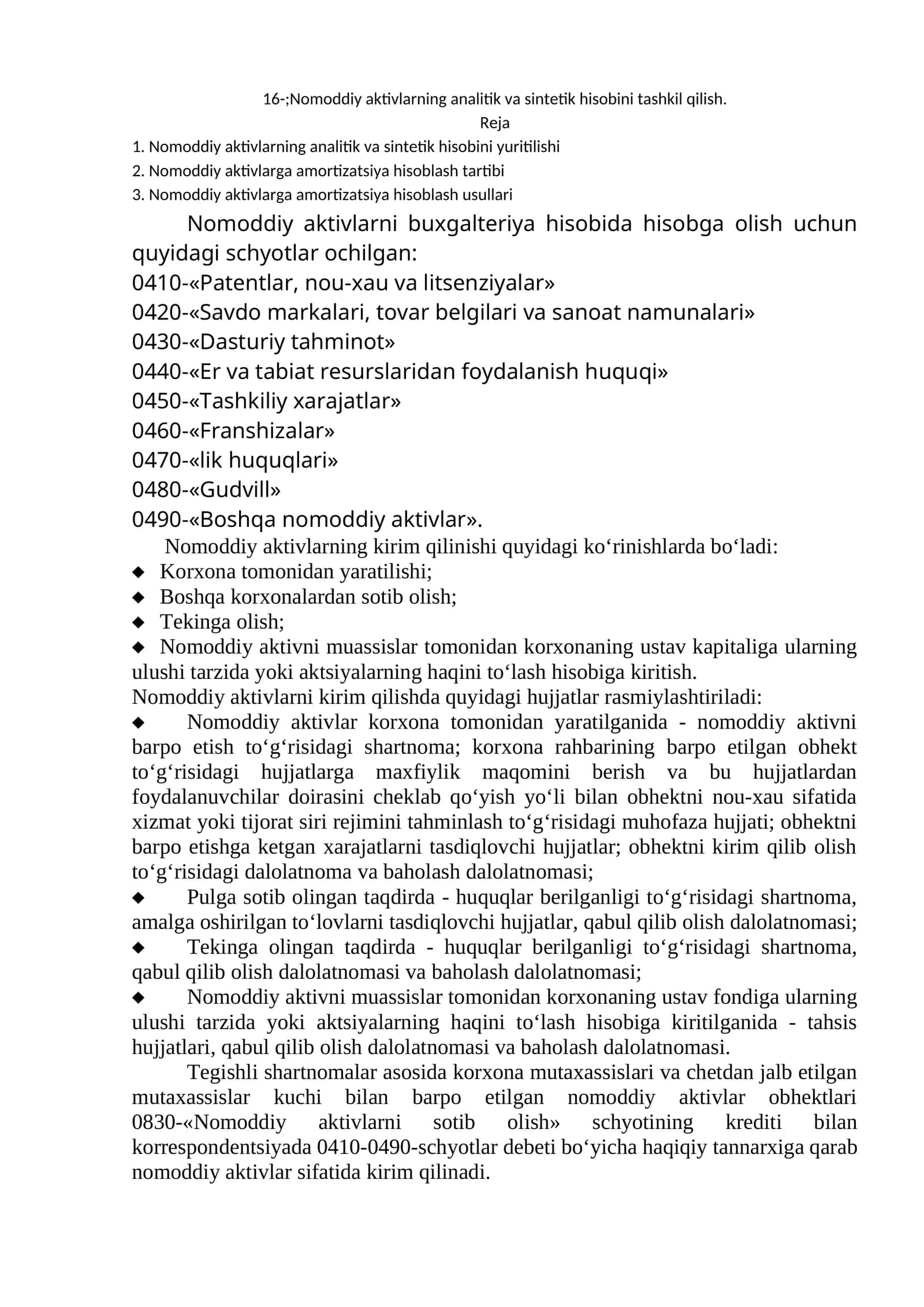 Nomoddiy aktivlarning analitik va sintetik hisobini tashkil qilish