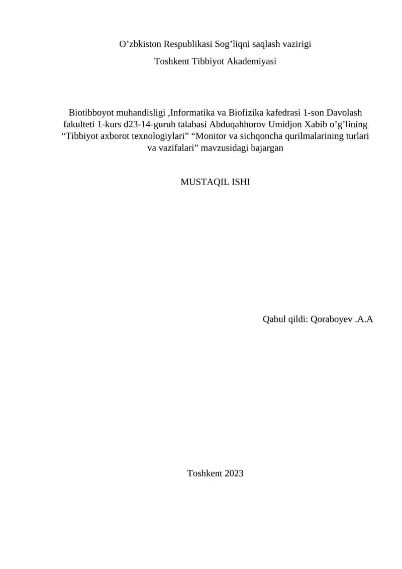 "Tibbiyot axborot texnologiylari Monitor va sichqoncha qurilmalarining turlari va vazifalari"