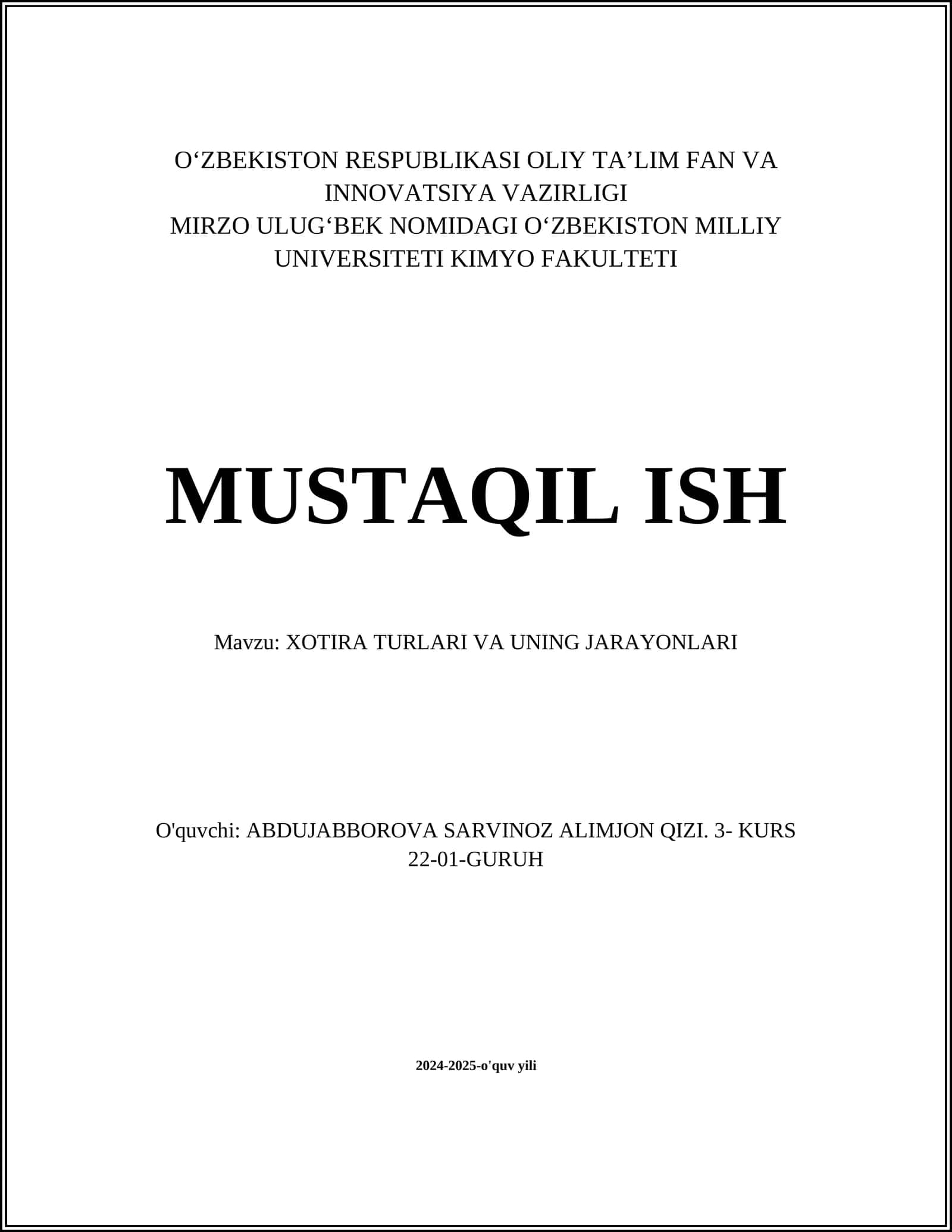 XOTIRA TURLARI VA UNING JARAYONLARI