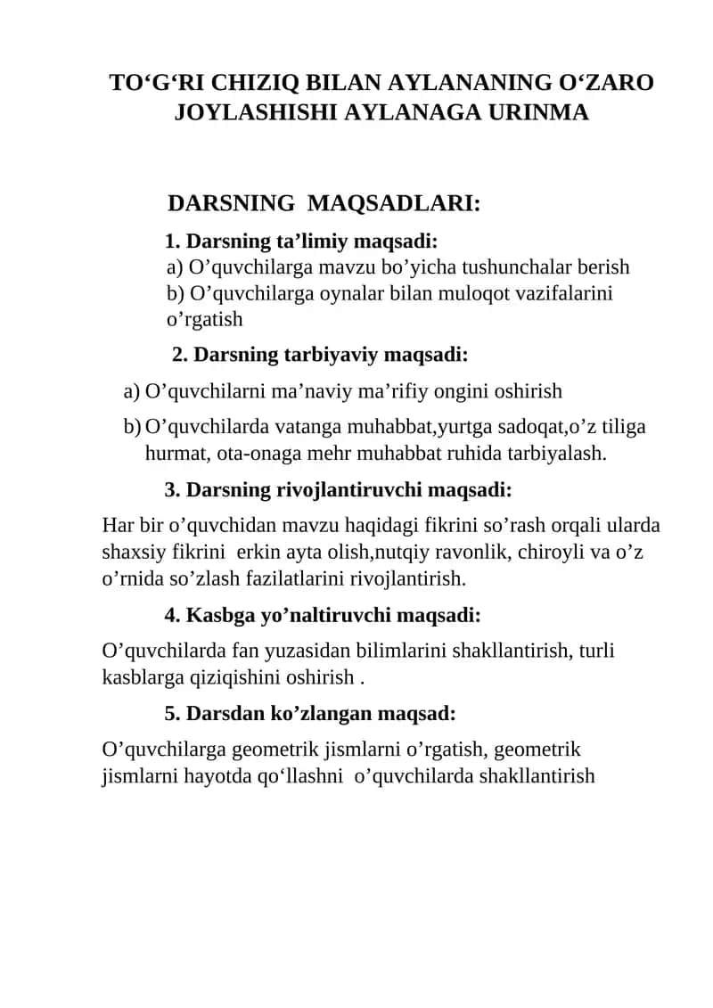 TOʻGʻRI CHIZIQ BILAN AYLANANING OʻZARO JOYLASHISHI AYLANAGA URINMA