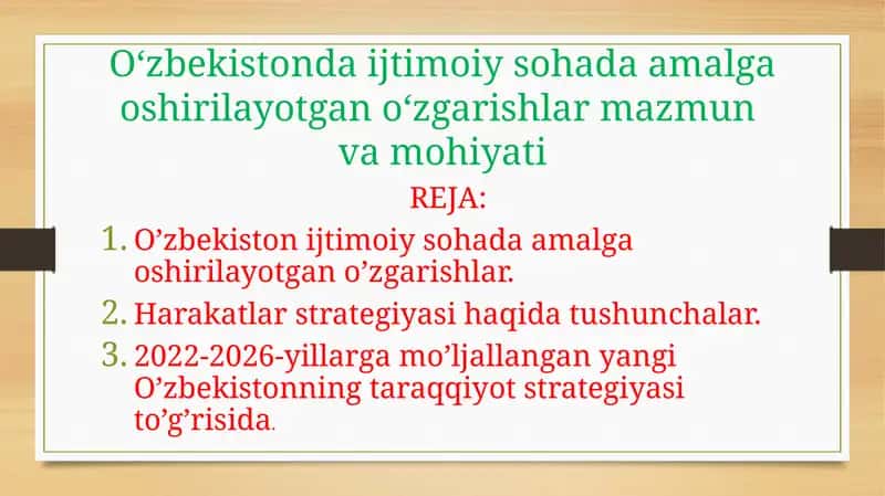 O'zbekistondagi ijtimoiy sohada amalga oshirilayotgan o'zgarishlar