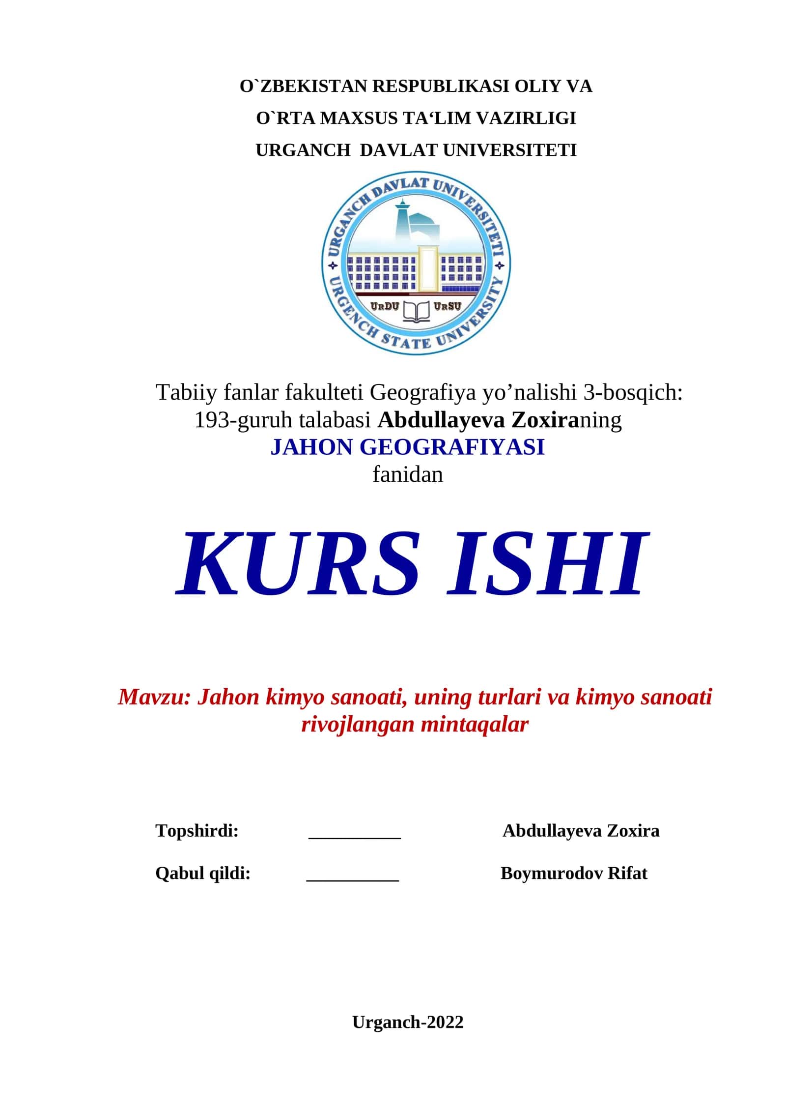 Jahon GEOGRAFIYASI KURS ISHI