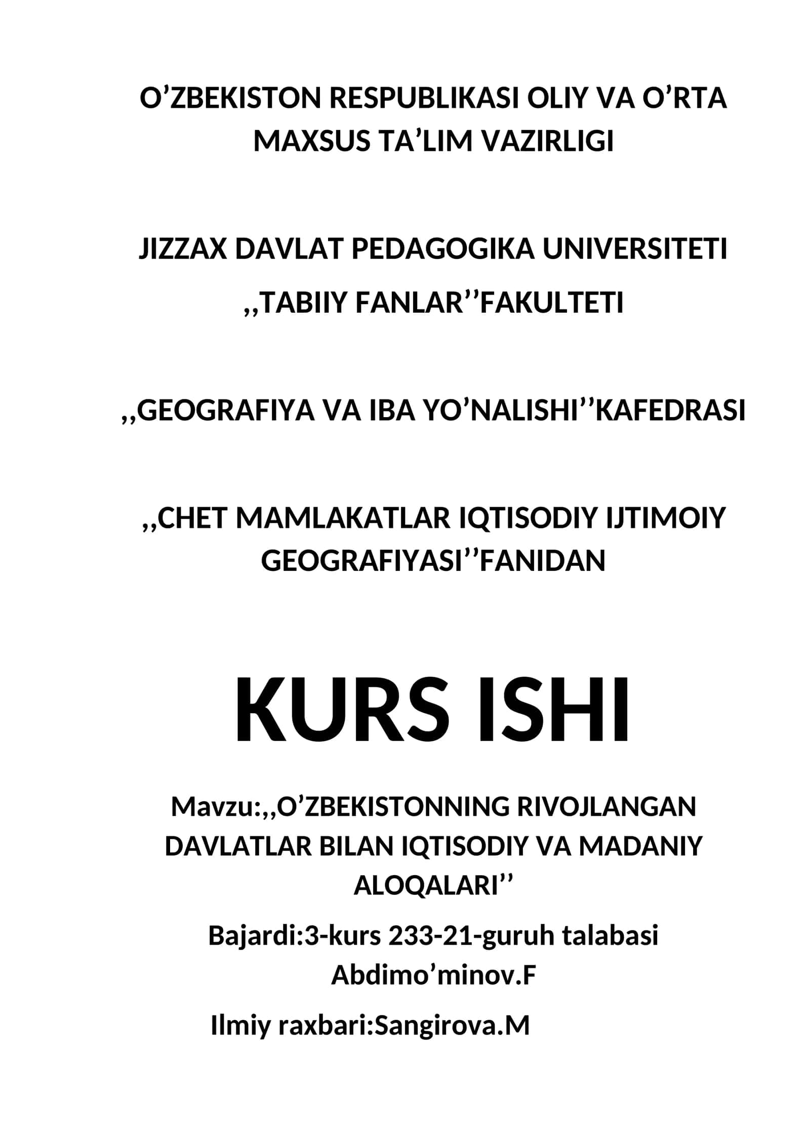 O‘ZBEKISTONNING RIVOJLANGAN DAVLATLAR BILAN IQTISODIY VA MADANIY ALOQALARI