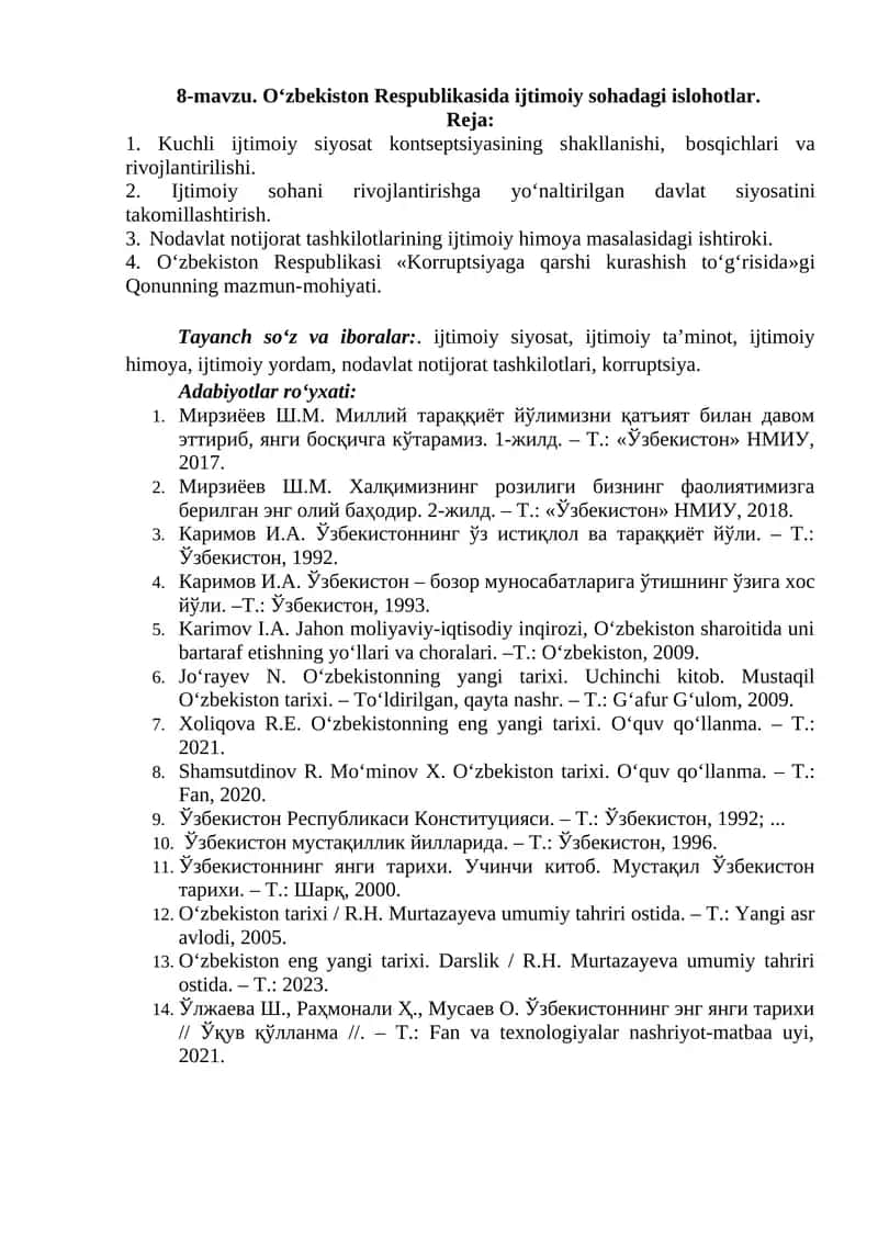 O‘zbekiston Respublikasida ijtimoiy sohadagi islohotlar