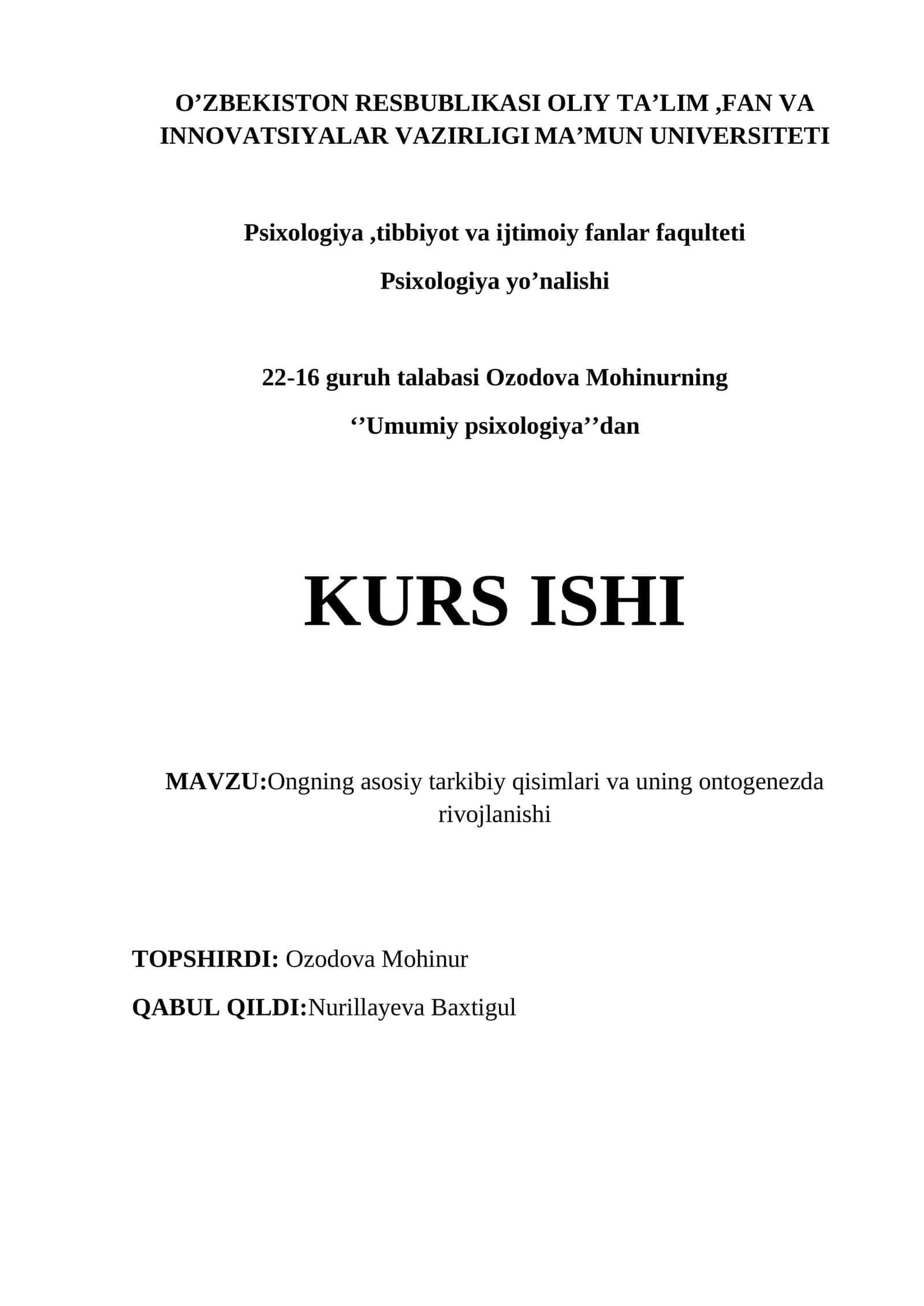 Umumiy psixologiya kurs ishi