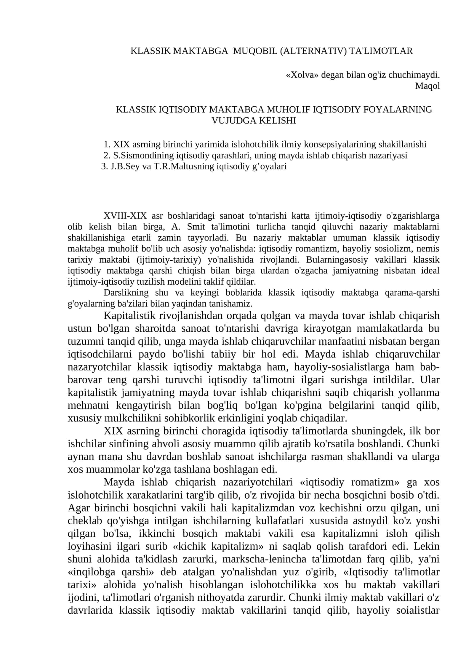 KLASSIK MAKTABGA MUQOBIL (ALTERNATIV) TA'LIMOTLAR
