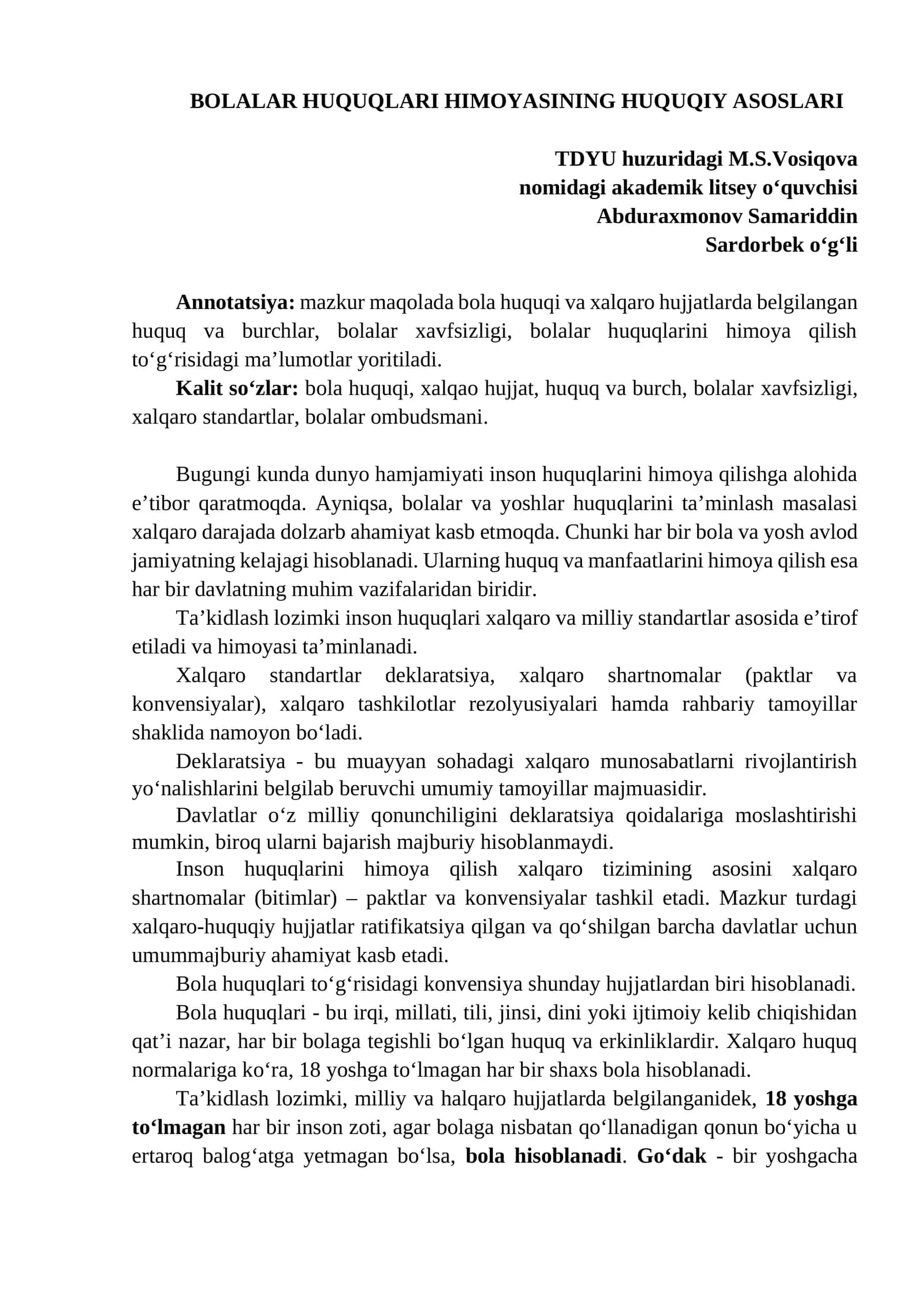 BOLALAR HUQUQLARI HIMOYASINING HUQUQIY ASOSLARI