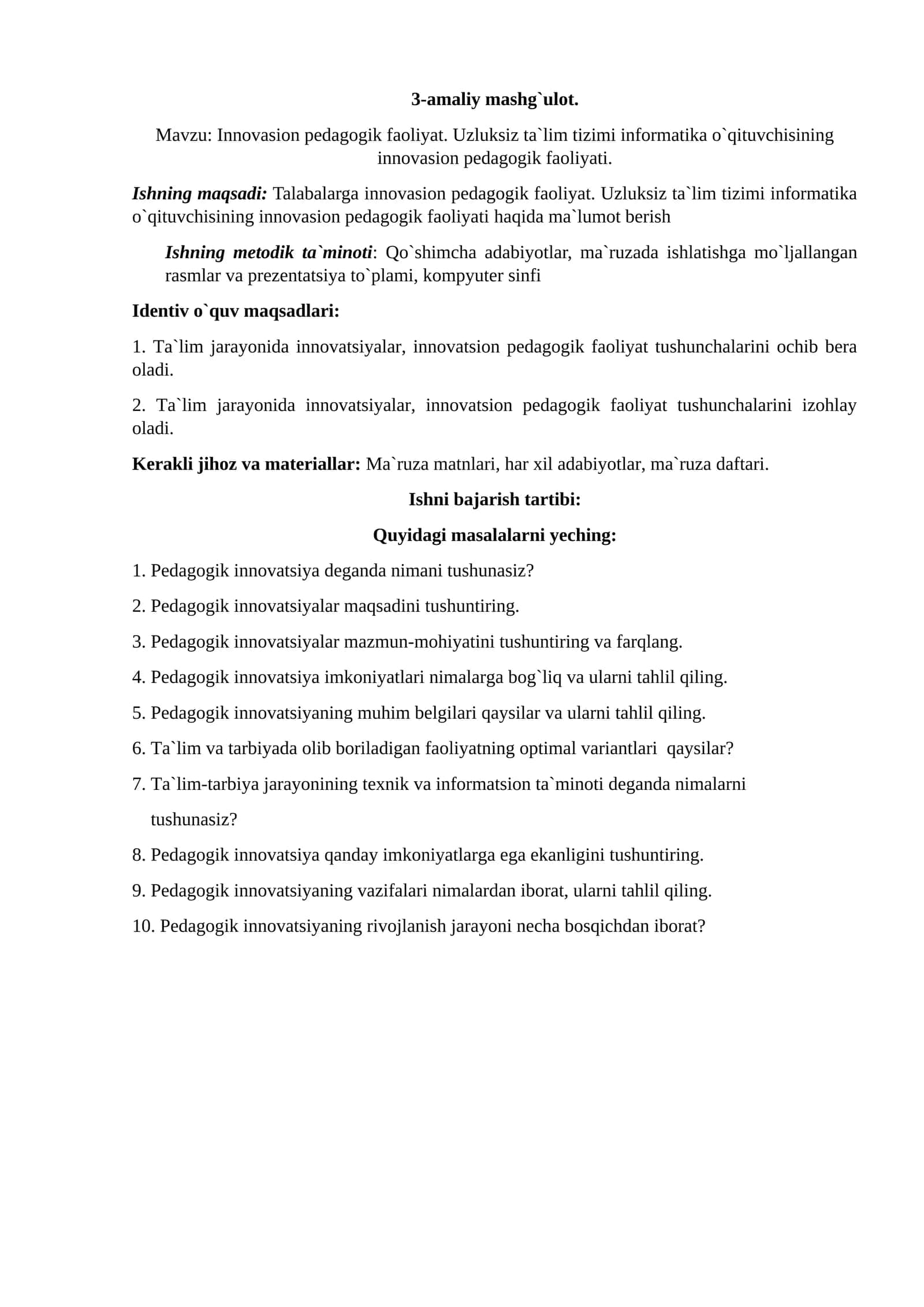 Innovasion pedagogik faoliyat. Uzluksiz ta`lim tizimi informatika o`qituvchisining innovasion pedagogik faoliyati
