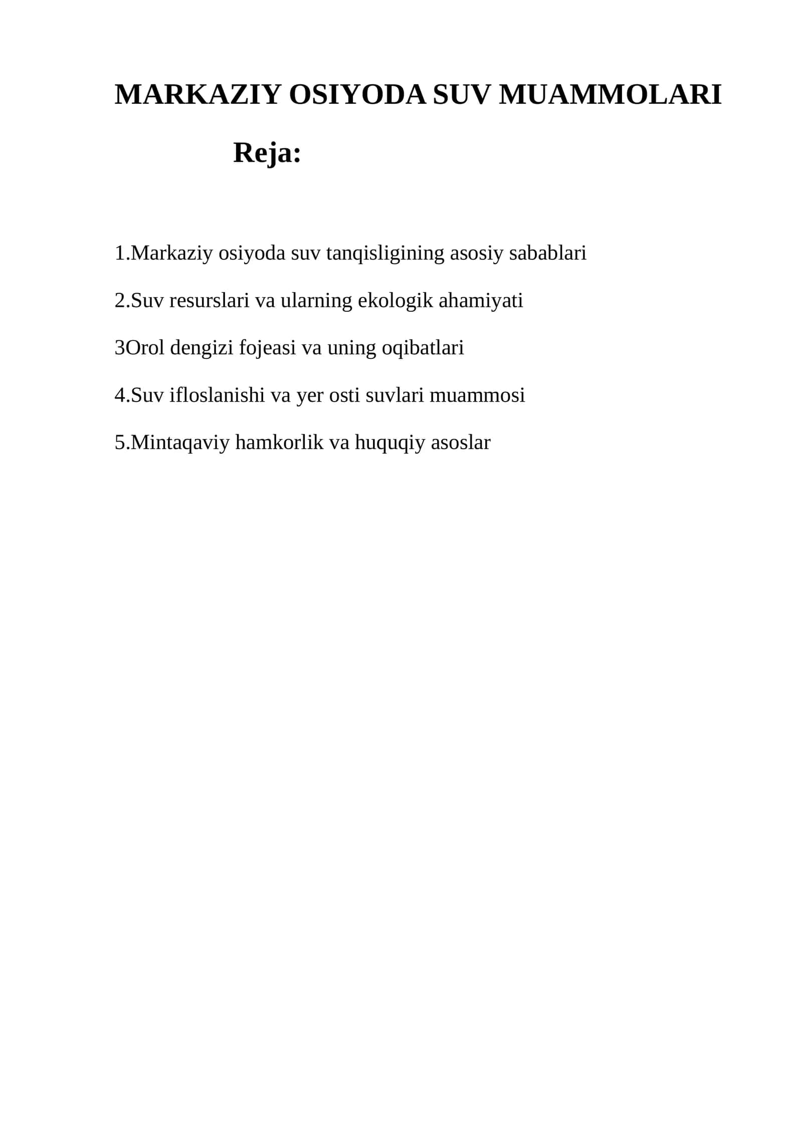 MARKAZIY OSIYODA SUV MUAMMOLARI