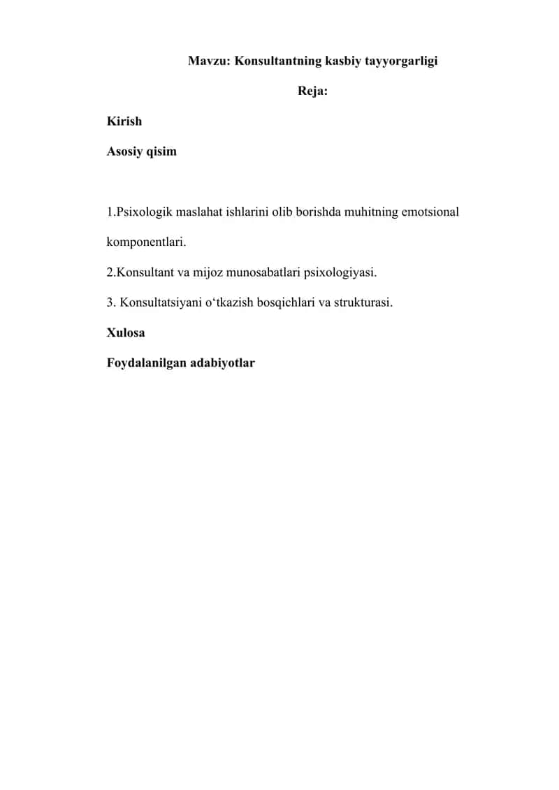 Konsultantning kasbiy tayyorgarligi