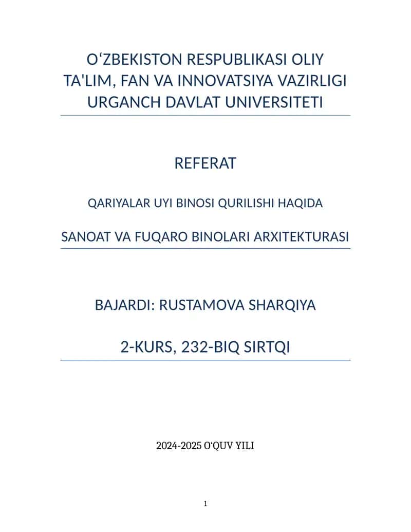 Qariyalar uyi binosi qurilishi haqida