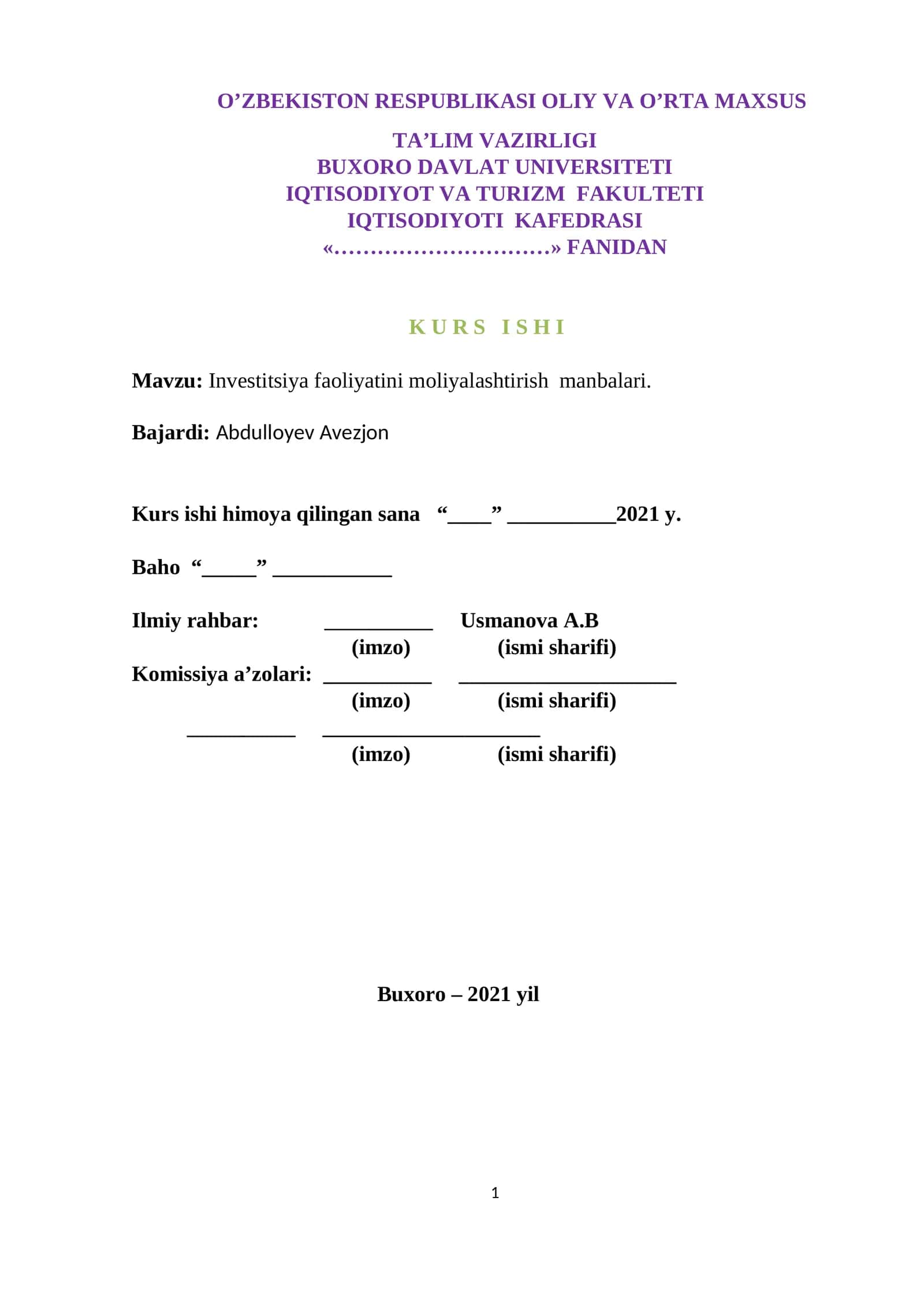 Investitsiya faoliyatini moliyalashtirish manbalari kursi