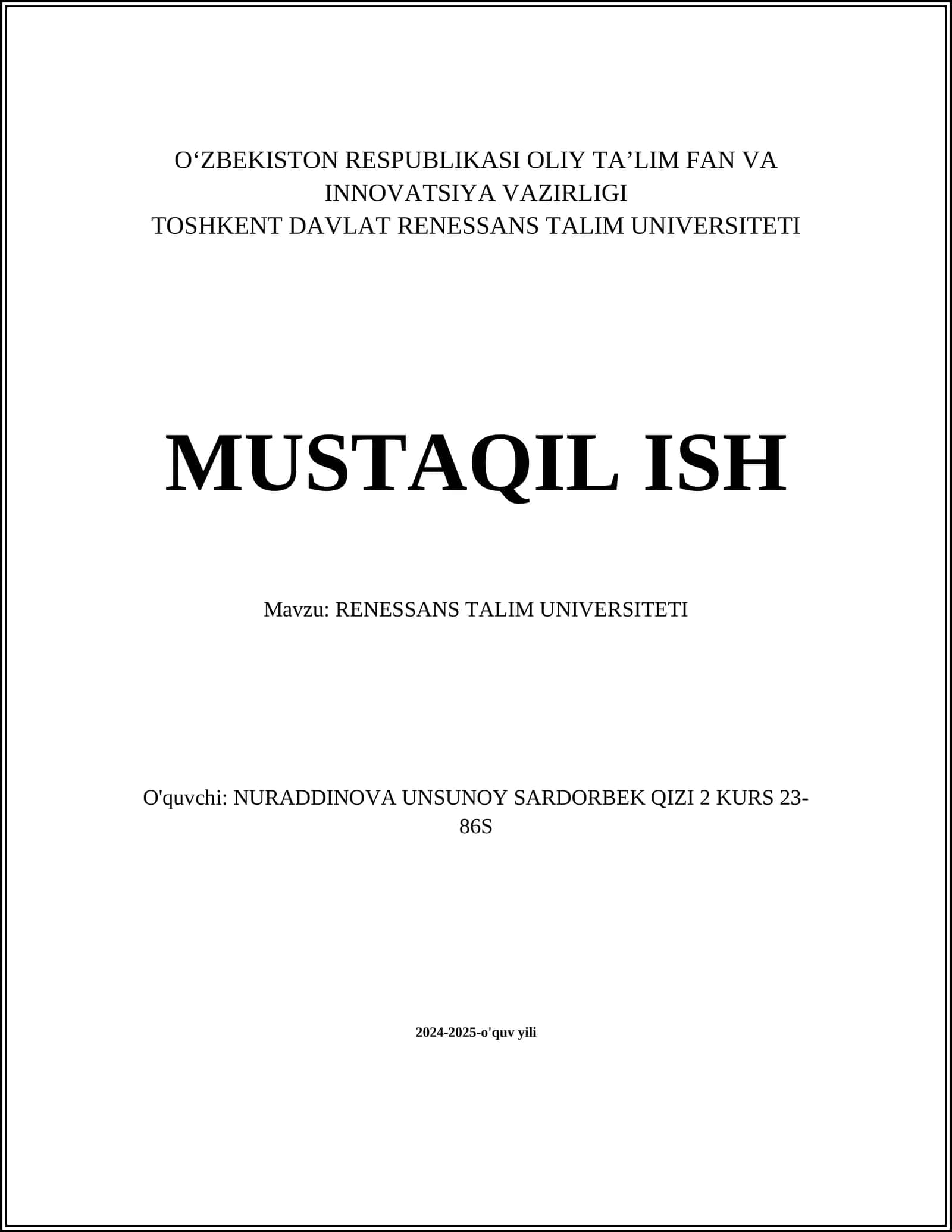 Mavzu: RENESSANS TALIM UNIVERSITETI