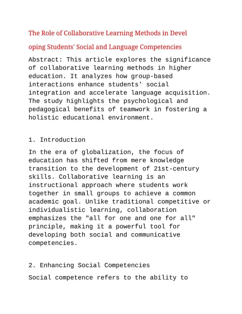 The Role of Collaborative Learning Methods in Developing Students' Social and Language Competencies