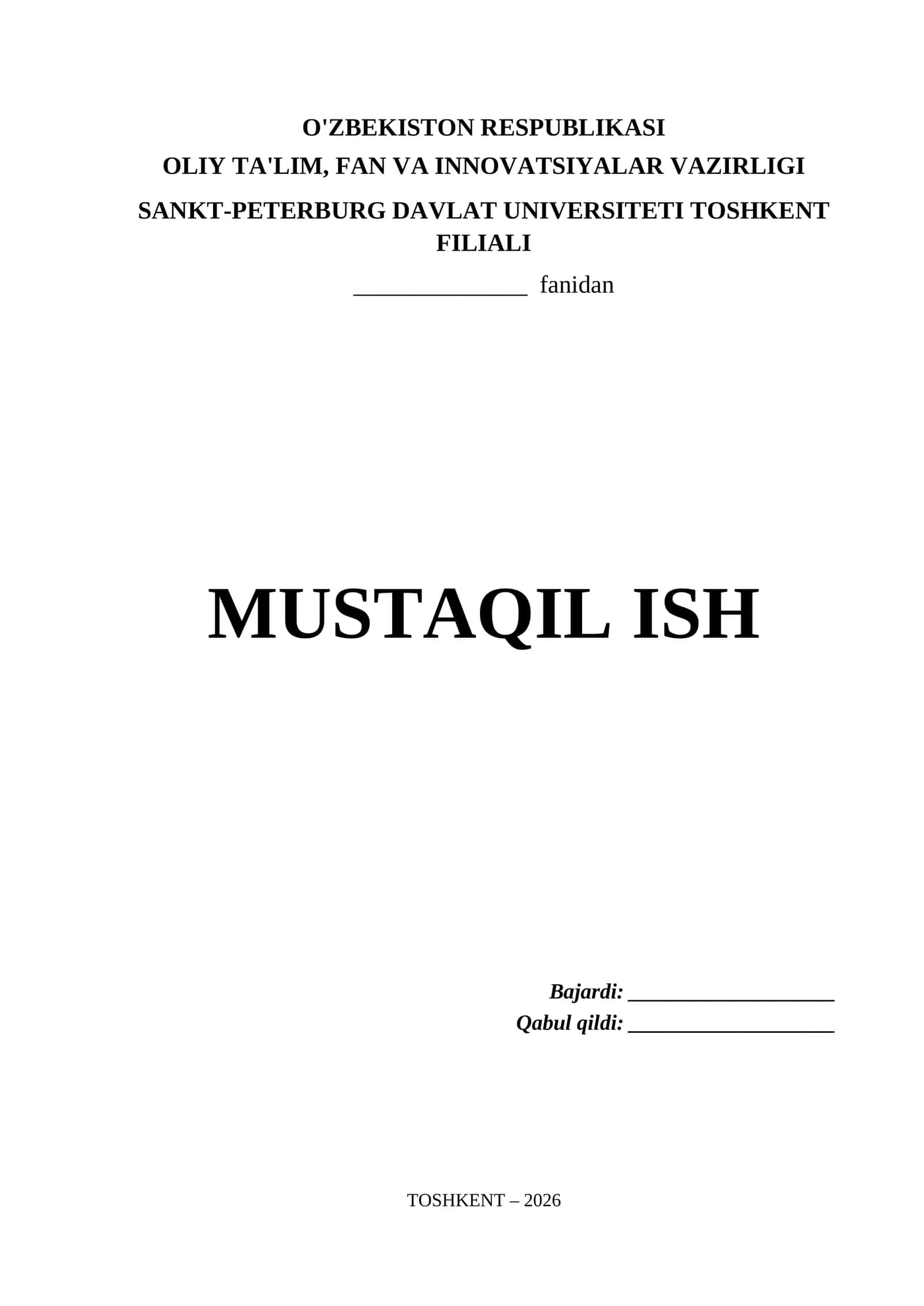 Sankt-Peterburg Davlat Universiteti Toshkent Filiali Mustaqil Ish Titul Varaq (.docx)
