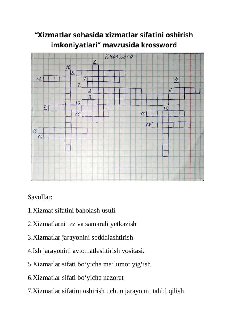Xizmatlar sohasida xizmatlar sifatini oshirish imkoniyatlari krossword