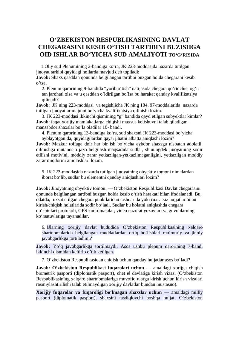 OʻZBEKISTON RESPUBLIKASINING DAVLAT CHEGARASINI KESIB OʻTISH TARTIBINI BUZISHGA OID ISHLAR BOʻYICHA SUD AMALIYOTI