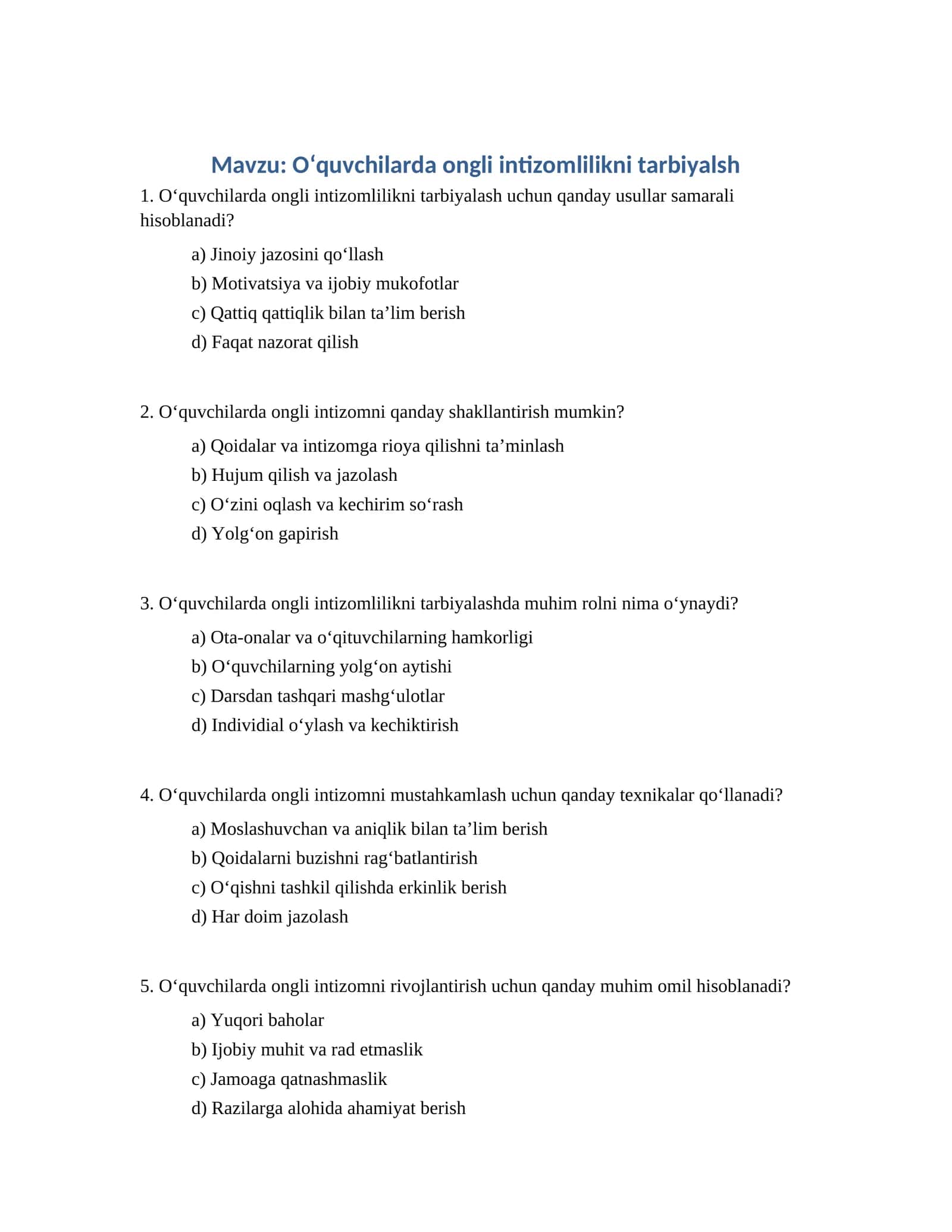 Oʻquvchilarda ongli intizomlilikni tarbiyalash
