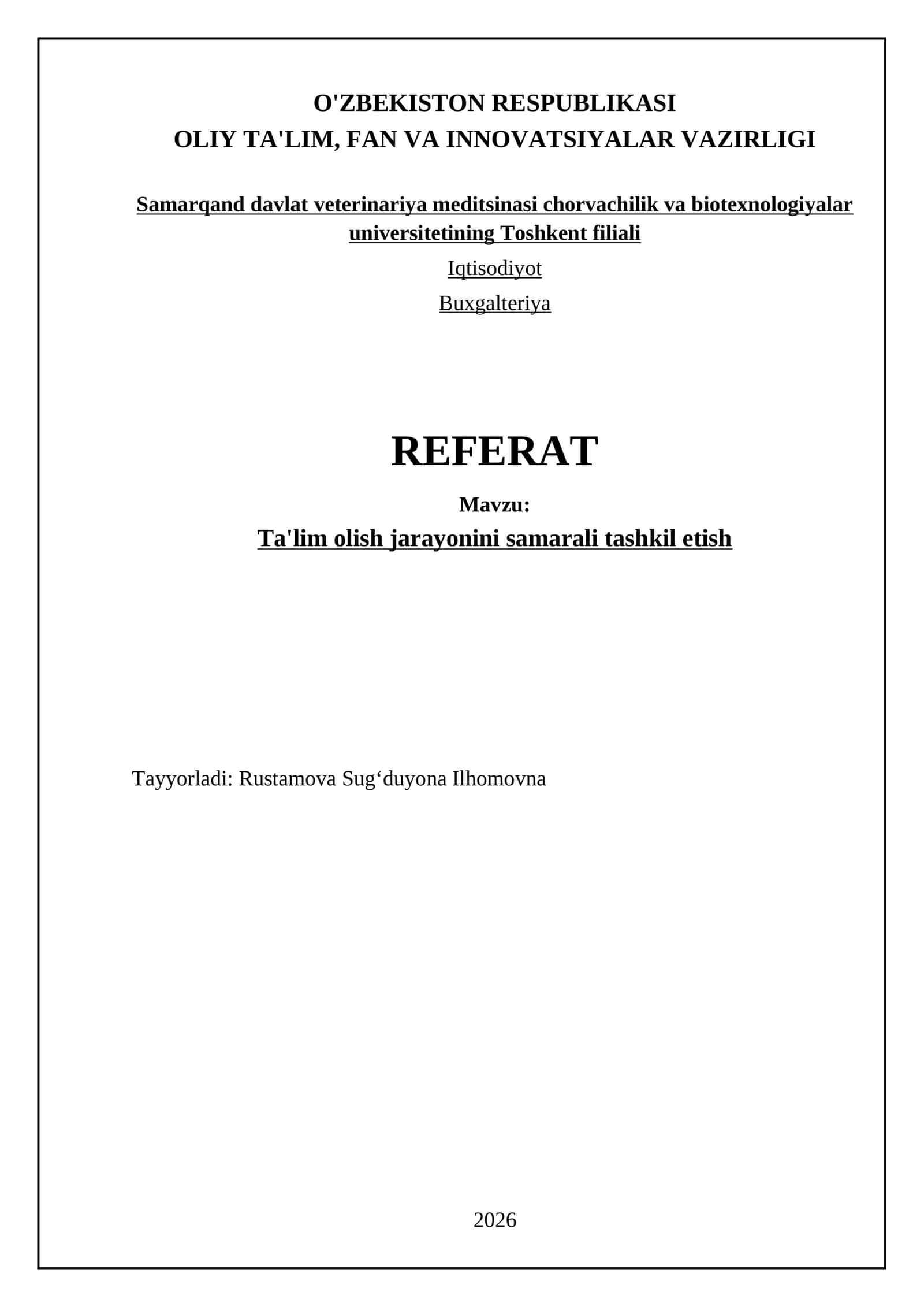 Ta'lim olish jarayonini samarali tashkil etish