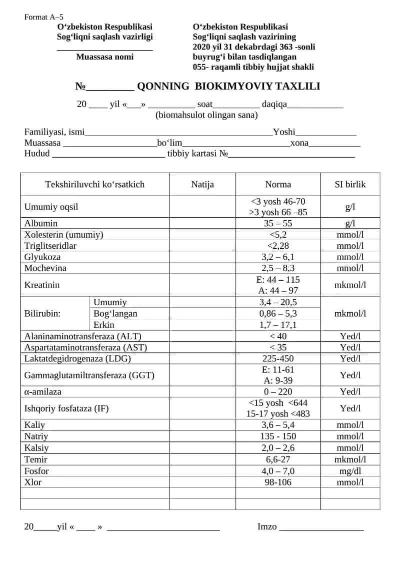 QONNING BIOKIMYOVIY TAHLILI BLANKASI